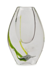 KOSTA BODA Swedish art glass vase with engraved fish and green seaweed inclusions by LINDSTRAND, signed "Kosta Boda, Lindstrand". 17.5cm high