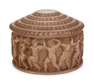 LALIQUE French art glass circular jewellery box with brown stained finish, acid etched mark "Lalique, France", 7.5cm high, 11cm diameter