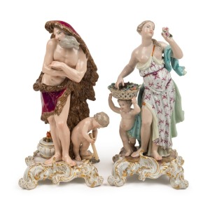 MEISSEN pair of antique German porcelain figural statues, 18th/19th century, blue crossed swords mark to bases, 26cm and 27cm high
