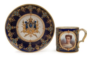 SEVRES stunning antique French porcelain cabinet cup and saucer, sumptuously decorated with three portrait vignettes on blue background with ornate gilt and enamel adornment, 19th century, blue factory mark to base with titles "Diane de Poitiers", "Duches