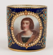 SEVRES stunning antique French porcelain cabinet cup and saucer, sumptuously decorated with three portrait vignettes on blue background with ornate gilt and enamel adornment, 19th century, blue factory mark to base with titles "Diane de Poitiers", "Duches - 2