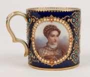 SEVRES stunning antique French porcelain cabinet cup and saucer, sumptuously decorated with three portrait vignettes on blue background with ornate gilt and enamel adornment, 19th century, blue factory mark to base with titles "Diane de Poitiers", "Duches - 3