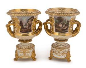 DERBY porcelain pair of antique English porcelain mantle urns, early 19th century, ​​​​​​​28cm high, 20cm wide