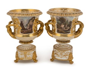 DERBY porcelain pair of antique English porcelain mantle urns, early 19th century, 28cm high, 20cm wide