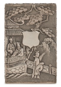 WANG HING & Co. antique Chinese export silver card case adorned with courtly scene and pagoda decoration, stamped "W. H., 90" with additional seal mark, 10cm high, 90 grams