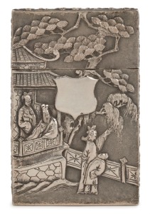 WANG HING & Co. antique Chinese export silver card case adorned with courtly scene and pagoda decoration, stamped "W. H., 90" with additional seal mark, 10cm high, 90 grams