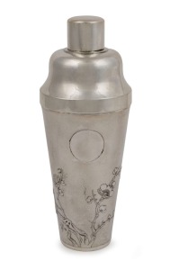 A Chinese export silver cocktail shaker adorned with blossoms and moon cartouche, early 20th century, seal mark to base, 22.5cm high, 398 grams