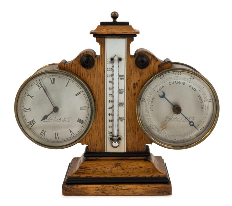 An antique English weather station desk compendium featuring timepiece, aneroid barometer and thermometer by Kilpatrick & Co. of London & Melbourne, 19th century, 21cm high, 24cm wide