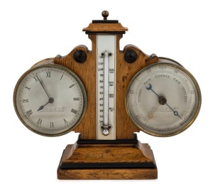 An antique English weather station desk compendium featuring timepiece, aneroid barometer and thermometer by Kilpatrick & Co. of London & Melbourne, 19th century, 21cm high, 24cm wide