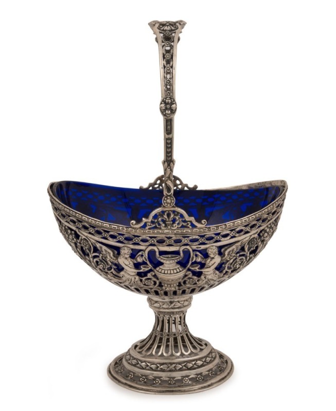 An antique German pierced silver basket with original blue glass liner, 19th century, stamped "800" with crown and crescent mark, ​​​​​​​20cm high, 550 grams silver weight