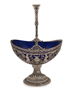 An antique German pierced silver basket with original blue glass liner, 19th century, stamped "800" with crown and crescent mark, 20cm high, 550 grams silver weight
