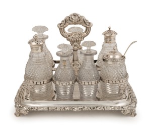 A Georgian sterling silver cruet set with six bottles, by Richard Pouldon of London, circa 1823, 23cm high, 1480 grams silver weight