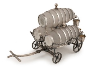 An exceptional antique English tantalus in the form of a cart with three barrels, frosted glass and silver plate, 19th century, 28cm, 44cm long
