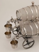 An exceptional antique English tantalus in the form of a cart with three barrels, frosted glass and silver plate, 19th century, 28cm, 44cm long - 2