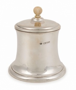 An antique sterling silver tea caddy with turned ivory finial, by William Comyns of London, circa 1902, 11cm high, 162 grams total