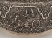 An antique Burmese silver bowl, impressively decorated in fine repousse work, early to mid 20th century. Note: later PAN AMERICAN AIRWAYS inscription to base. 14.5cm high, 25.5cm wide, ​​​​​​​1152 grams - 2