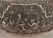 An antique Burmese silver bowl, impressively decorated in fine repousse work, early to mid 20th century. Note: later PAN AMERICAN AIRWAYS inscription to base. 14.5cm high, 25.5cm wide, ​​​​​​​1152 grams - 6