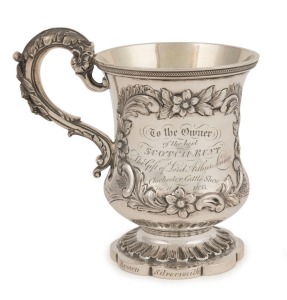 A Georgian sterling silver tankard with impressive repousse decoration and inscription "To The Owner Of The Best Scotch Runt, The Gift Of Lord Arthur Lenox, Chichester Cattle Show, Dec. 11th, 1833". Made in London, circa 1833. ​​​​​​​12.5cm high, 284 gram