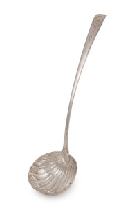 An antique Irish silver ladle with feathered edge and fluted bowl, made in Dublin, circa 1776, 40cm long, 234 grams