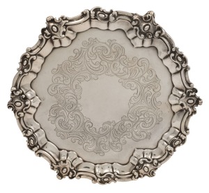 An antique sterling silver salver with engraved decoration, by John Angell and George Angell of London, circa 1845, 28cm wide, 544 grams