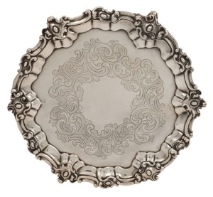 An antique sterling silver salver with engraved decoration, by John Angell and George Angell of London, circa 1845, ​​​​​​​28cm wide, 544 grams