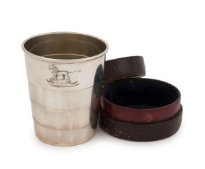 An antique English sterling silver collapsible campaign cup engraved with lion crest, accompanied by original plush leather case, made in London, circa 1889, 8.5cm high, 120 grams