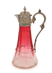 An antique cut ruby crystal claret jug with silver plated mounts, 19th century, 28cm high