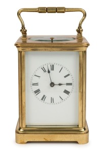 An antique French Corniche cased carriage clock, with 8 day time and strike movement with push button repeat, Roman numerals and original platform escapement, 19th century, 18cm high