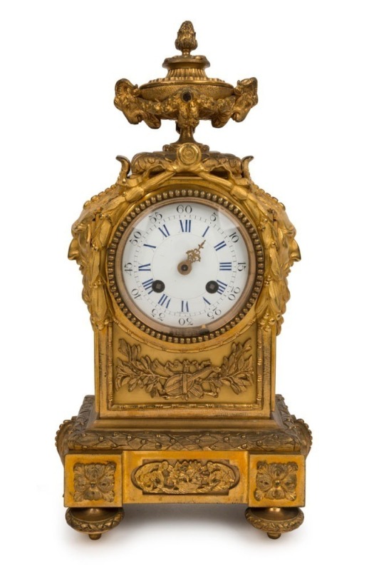 An antique French ormolu cased mantle clock with 8 day time and bell striking movement, 19th century, 37cm high