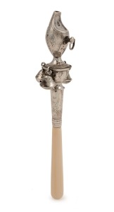 An impressive Georgian sterling silver baby rattle with whistle end, by Peter Ann & William BATEMAN of London, circa 1802, ​​​​​​​20cm long