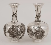 A pair of Japanese silver stem vases adorned with koi carp, wisteria, iris and peonies, 19th/20th century, seal mark to base, 13.5cm high, 250 grams - 2