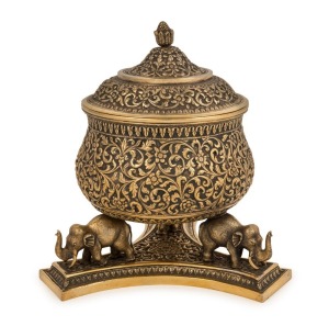 An impressive antique Indian Kutch silver lidded bowl with elephant adornments and original gilt finish, possibly the work of Oomersi Mawji & Sons., 19th century, 17cm high, 755 grams