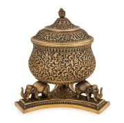 An impressive antique Indian Kutch silver lidded bowl with elephant adornments and original gilt finish, possibly the work of Oomersi Mawji & Sons., 19th century, 17cm high, 755 grams