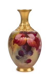 ROYAL WORCESTER English porcelain vase with hand-painted brambles and blossoms, signed "K. Blake", factory mark to base, 11cm high