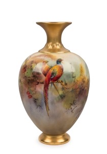 ROYAL WORCESTER English porcelain vase with hand-painted pheasants in landscape, signed "W. H. Austin", puce factory mark to base, 13cm high