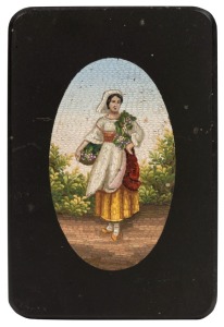 MICRO MOSAIC Grand Tour antique Italian panel with peasant girl harvest portrait, 19th century, 13 x 9cm