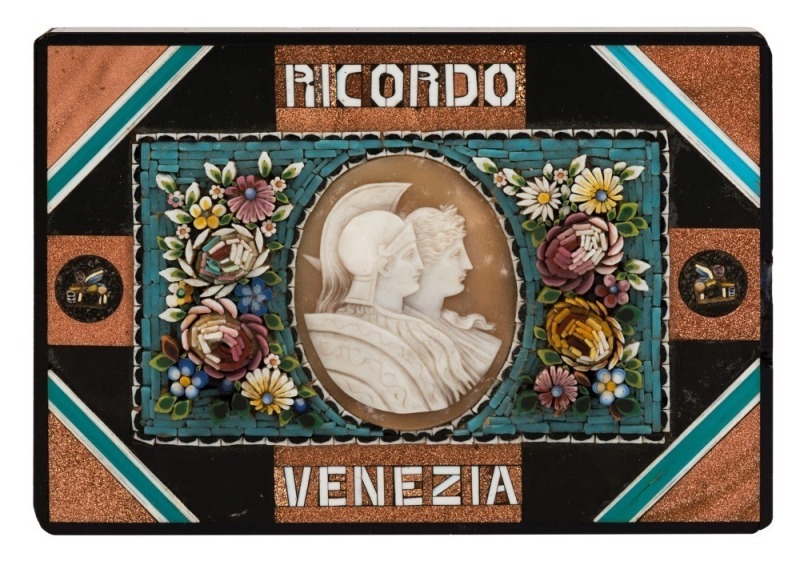 GRAND TOUR antique Italian micro mosaic and hard stone panel adorned with classical cameo shell portraits, emblazoned "RICORDO VENEZIA", 19th century, ​​​​​​​8 x 12cm