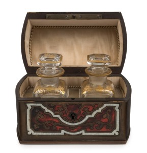 A beautiful antique French two bottle perfume set in original boule casket, interior lined with silk compartments, 19th century, 10cm high, 13cm wide, 8cm deep