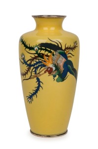 An antique Japanese cloisonne phoenix vase on yellow ground, Meiji period, 19th century, seal mark to base, ​​​​​​​15.5cm high