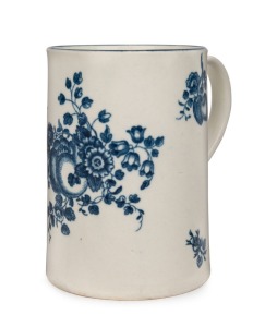 WORCESTER antique English blue and white porcelain tankard, DR. WALL period, mid 18th century, blue crescent mark to base, 12cm high