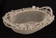 BELLEEK antique Irish woven porcelain basket with applied floral decoration, 19th century, impressed mark to base, 9cm high, 22.5cm wide - 2