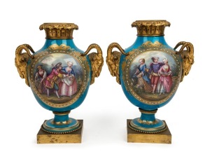 SEVRES fine pair of French antique porcelain mantle urns with gilt bronze mounts, adorned with ram's head handles, 19th century, 36cm high