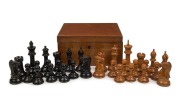 STAUNTON antique English chess set in boxwood and ebony, housed in a&nbsp;mahogany box with green felt lining, 19th century, bearing crown mark, the king pieces 11.3cm high