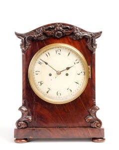 Regency Bracket clock c1820s in a flame mahogany case with carved decoration. Double fusee movement with finely engraved motif on the back plate & pendulum. Height 44cm, width 33cm