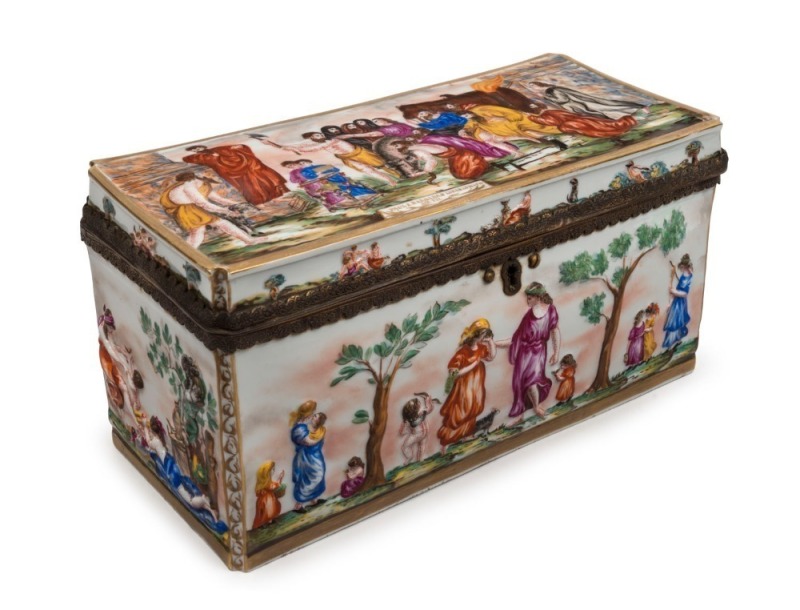 CAPODIMONTE antique Italian porcelain casket with gilt metal mounts, 19th century, 14cm high, 28cm wide, 13cm deep