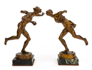 A pair of antique French bronze statues on green marble bases, 19th/20th century, signed "DEBRIE", 23cm and 24cm high