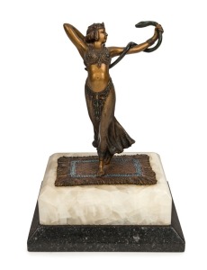 FRANZ BERGMAN (1861-1936), Austrian cold-painted bronze statue of a dancing lady with snake, mounted on a black marble and onyx base, early 20th century, 20cm high overall