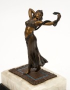 FRANZ BERGMAN (1861-1936), Austrian cold-painted bronze statue of a dancing lady with snake, mounted on a black marble and onyx base, early 20th century, 20cm high overall - 2