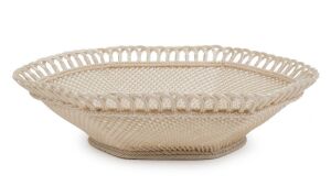 BELLEEK antique Irish woven porcelain basket, 19th century, impressed mark to base, ​​​​​​​7cm high, 26.5cm wide
