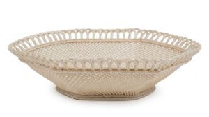 BELLEEK antique Irish woven porcelain basket, 19th century, impressed mark to base, 7cm high, 26.5cm wide